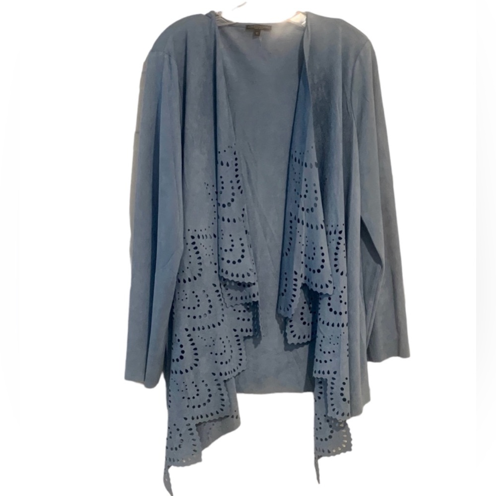 Alberto Makali Open Faux Suede Open Cardigan Dusty Blue Scalloped Edge Size XL